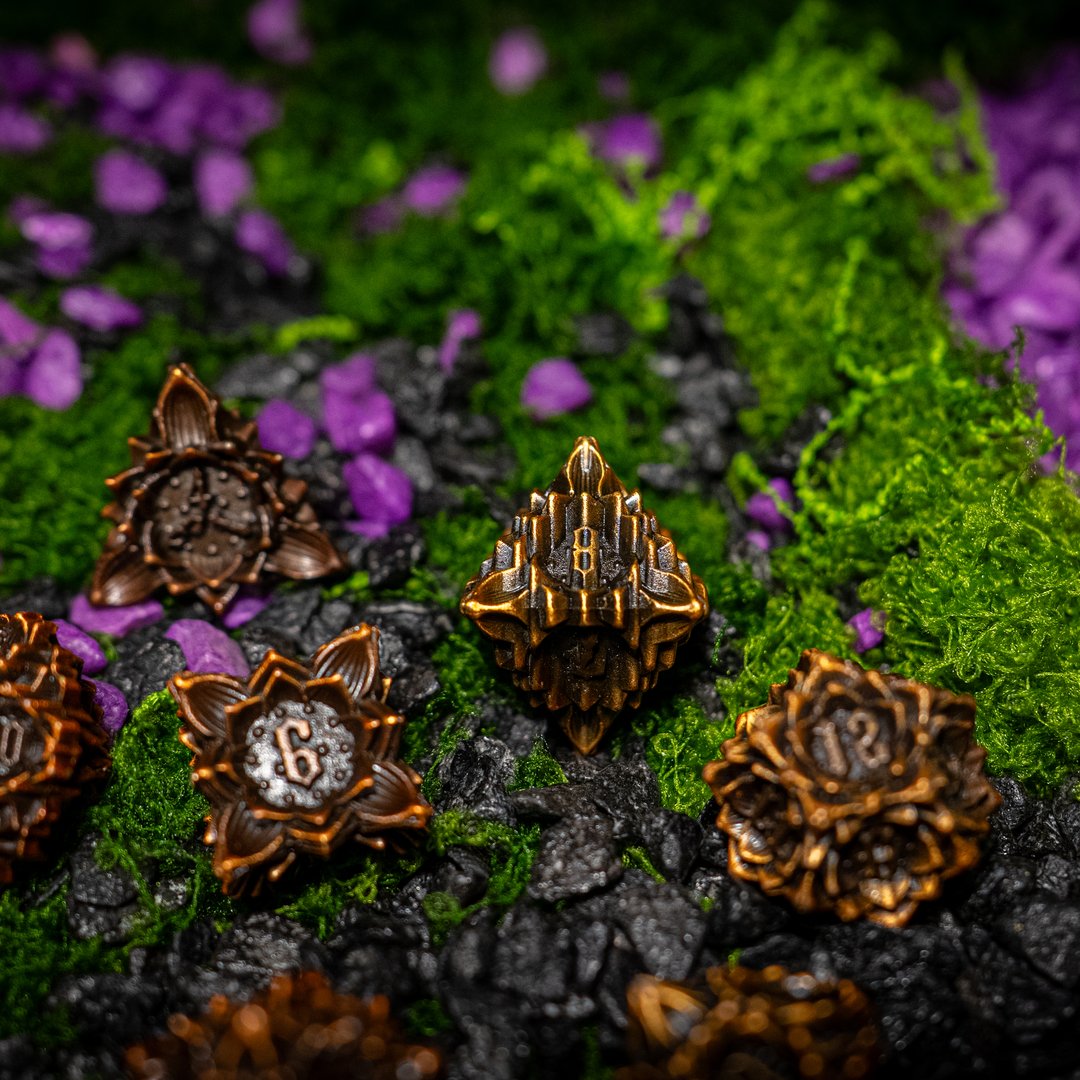 Metal dice set 01, copper, with an ornate hollow cut, photo 1