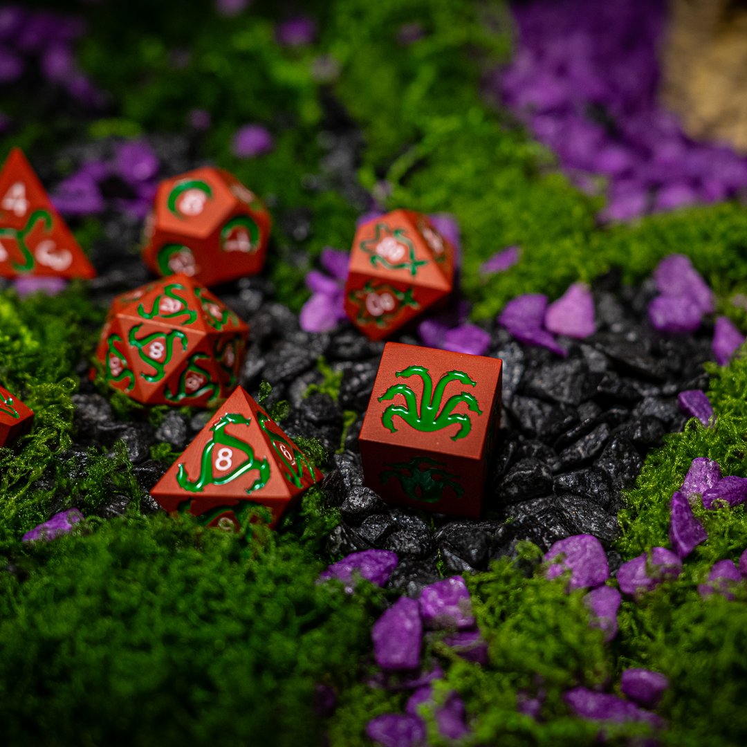 Metal dice set 04, orange-red, with green inlay, photo 2