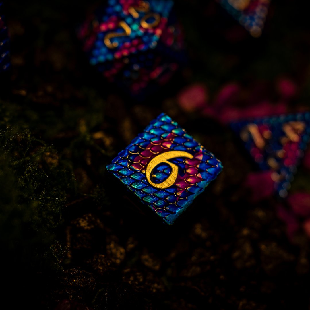 Metal dice set 05, blue and pink dragon scale, photo 2