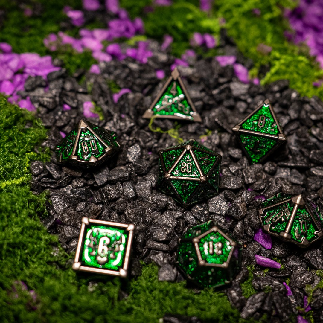 Metal dice set 10, silver frame, green glitter enamel, photo 1