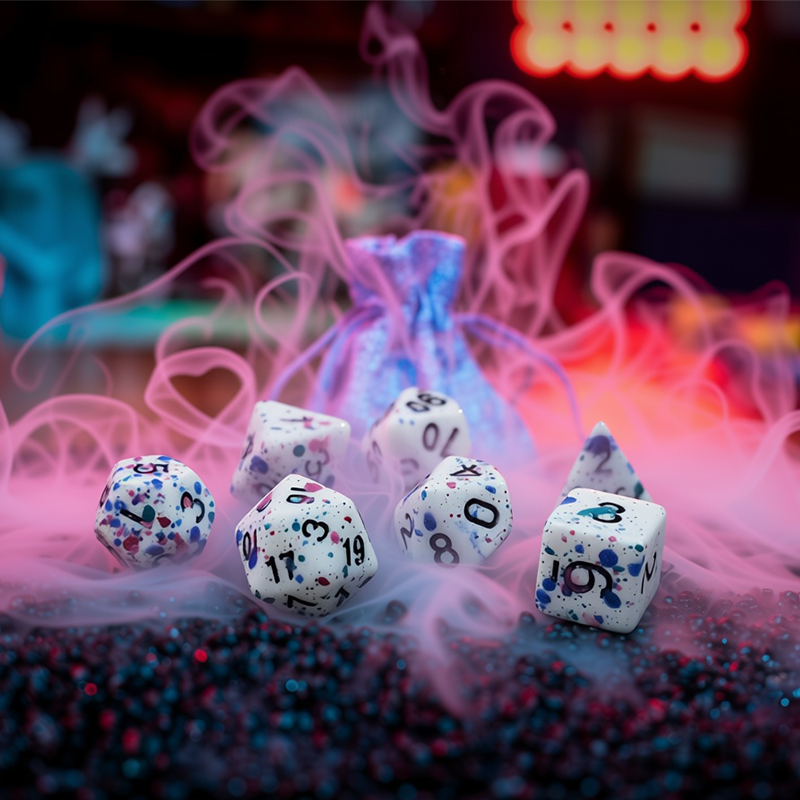 Twister, Spotted 7 Dice Set + Canvas Drawstring Bag