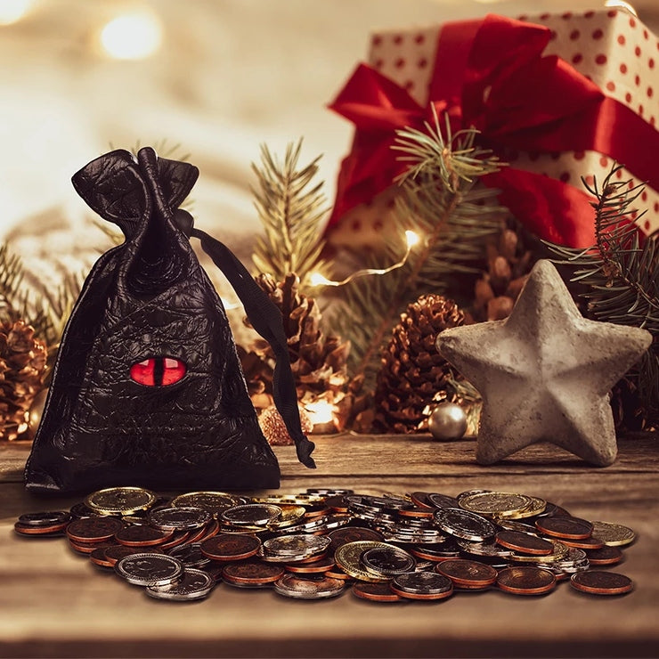 Set 60 Monede din Metal si Sac din Piele cu Ochi de Dragon