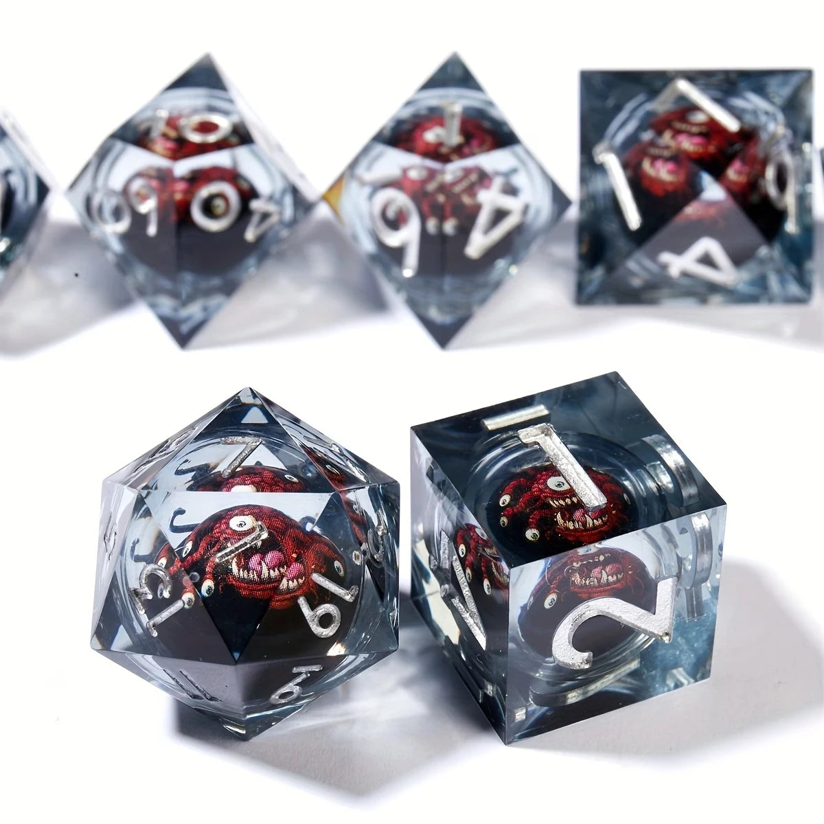Beholder dice side view, sharp edges and liquid core