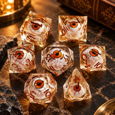 Psycho Mode liquid core dice set with eyeballs, on a marble table