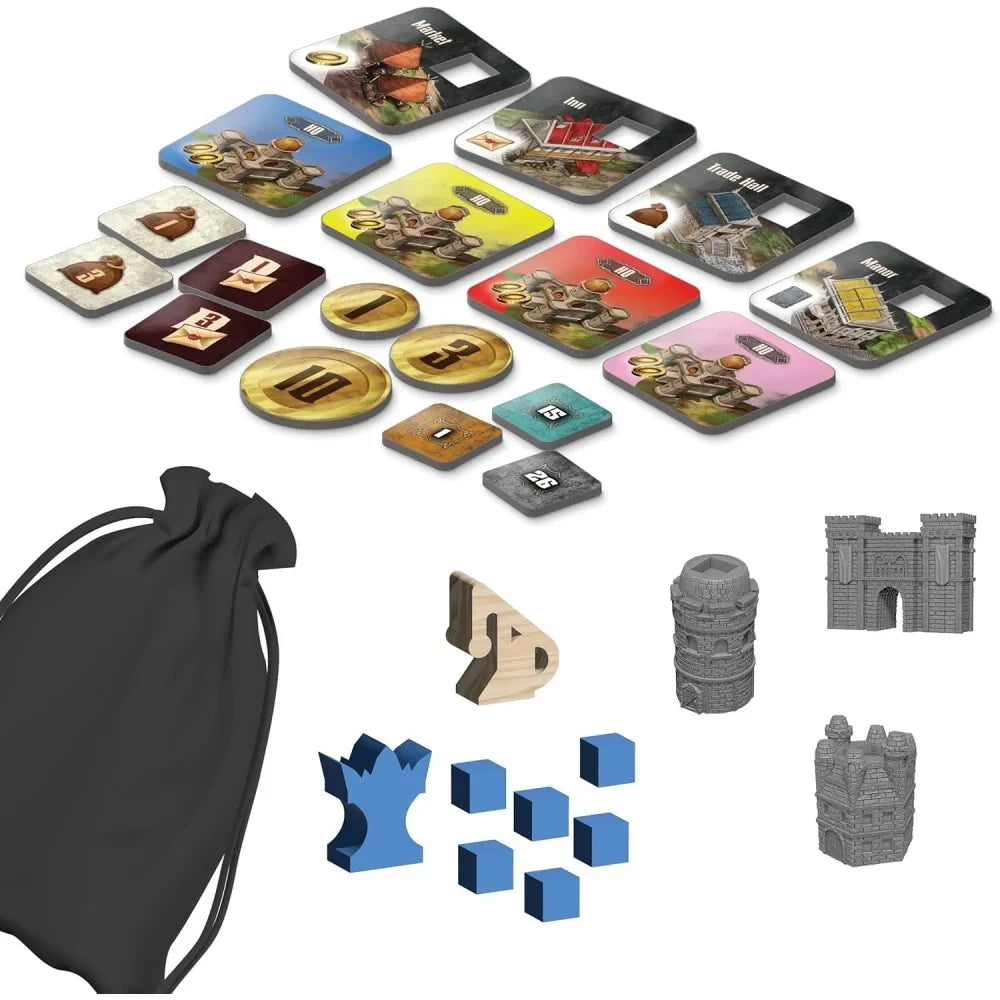 Builders of Baldur's Gate components: tiles, tokens, wooden worker, cubes, cloth bag and gate, tower and keep miniatures