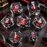 Beholder liquid core dice set on a dark stone table