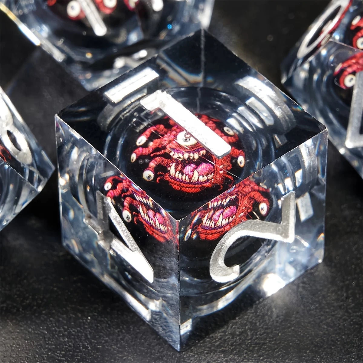 Beholder d6 close-up, beholder sphere and silver numbers