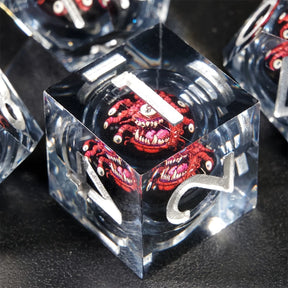 Beholder d6 close-up, beholder sphere and silver numbers