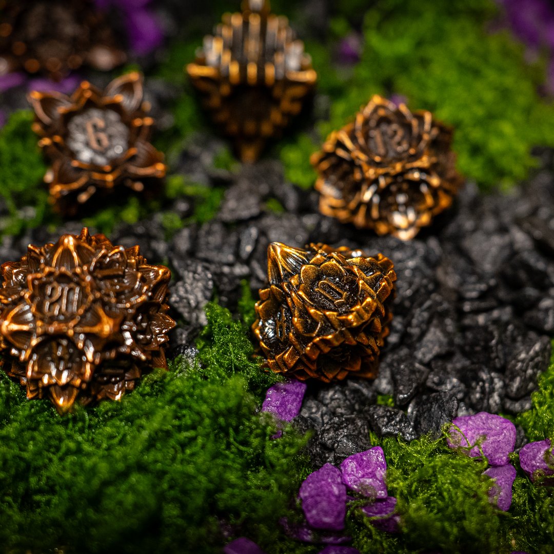 Metal dice set 01, copper, with an ornate hollow cut, photo 2