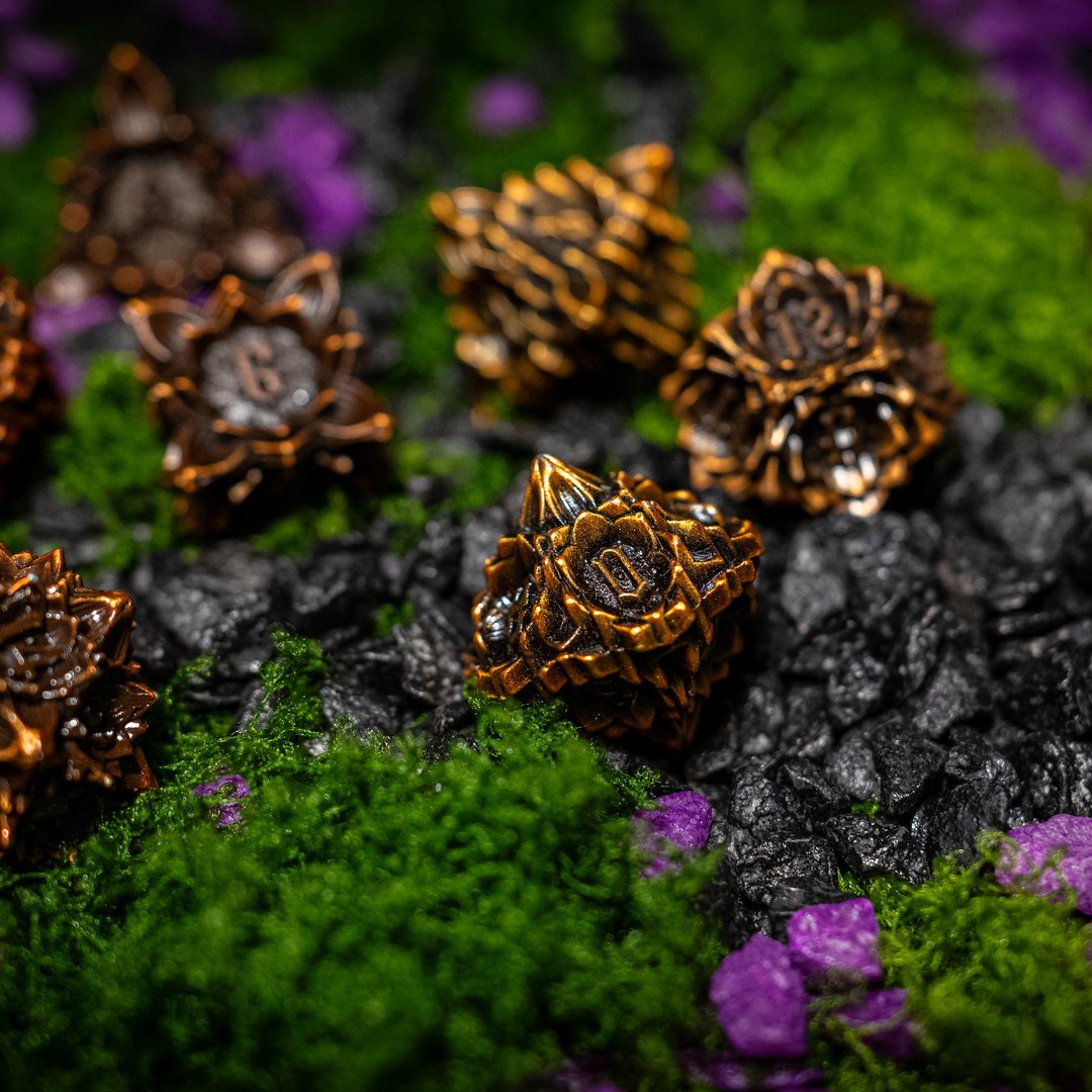 Metal dice set 01, copper, with an ornate hollow cut, photo 4