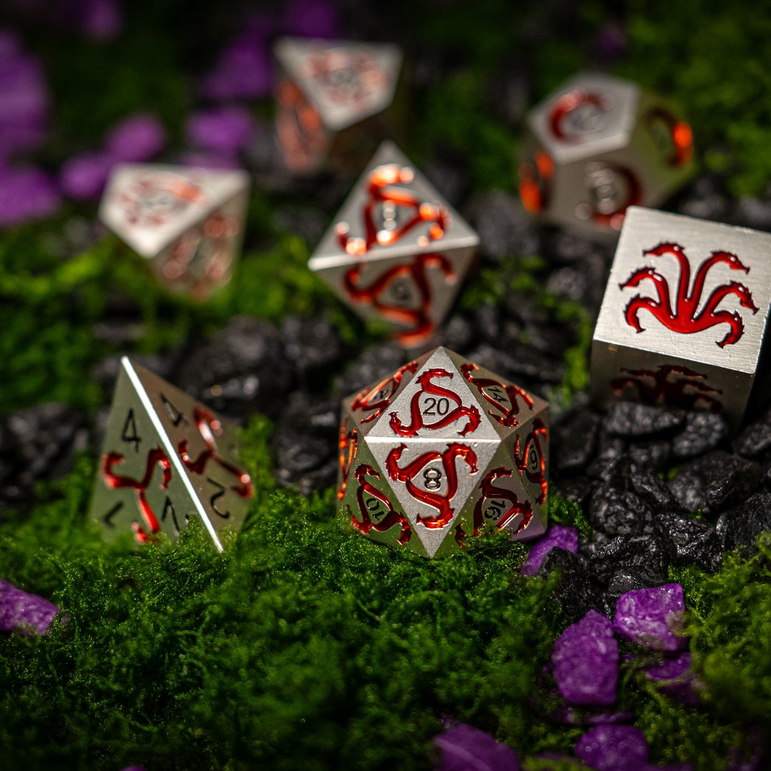 Metal dice set 02, silver, with red tentacle enamel, photo 1