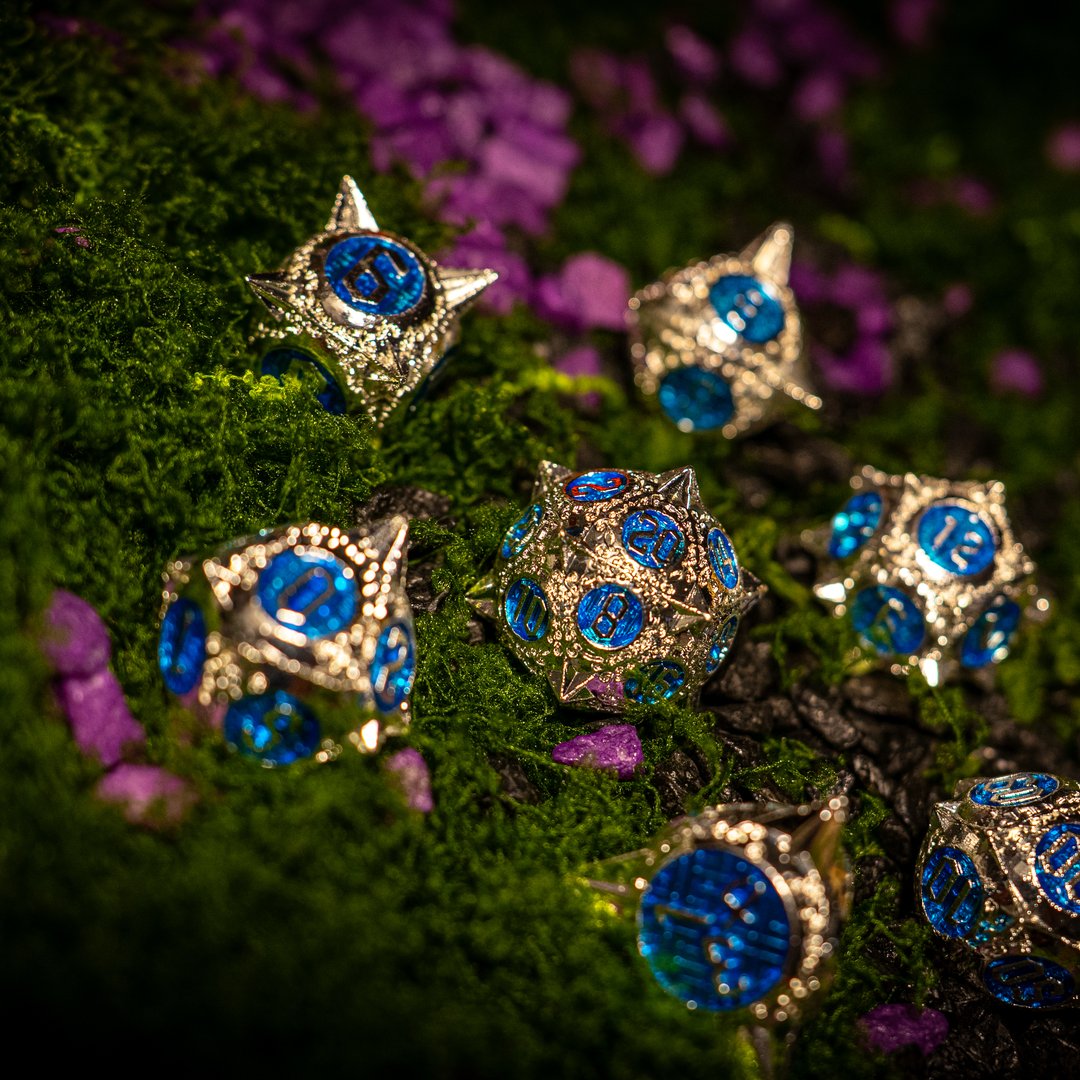 Metal dice set 03, silver with spikes and blue enamel, photo 1