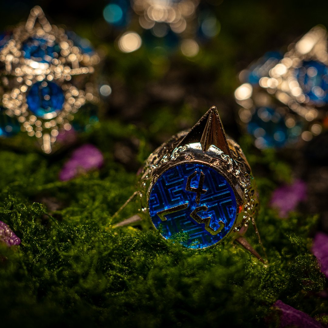Metal dice set 03, silver with spikes and blue enamel, photo 6