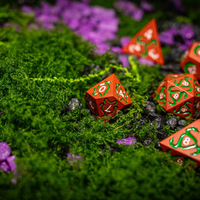 Metal dice set 04, orange-red, with green inlay, photo 5