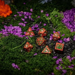 Metal dice set 04, orange-red, with green inlay, photo 6