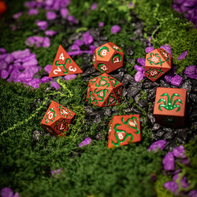 Metal dice set 04, orange-red, with green inlay, photo 7