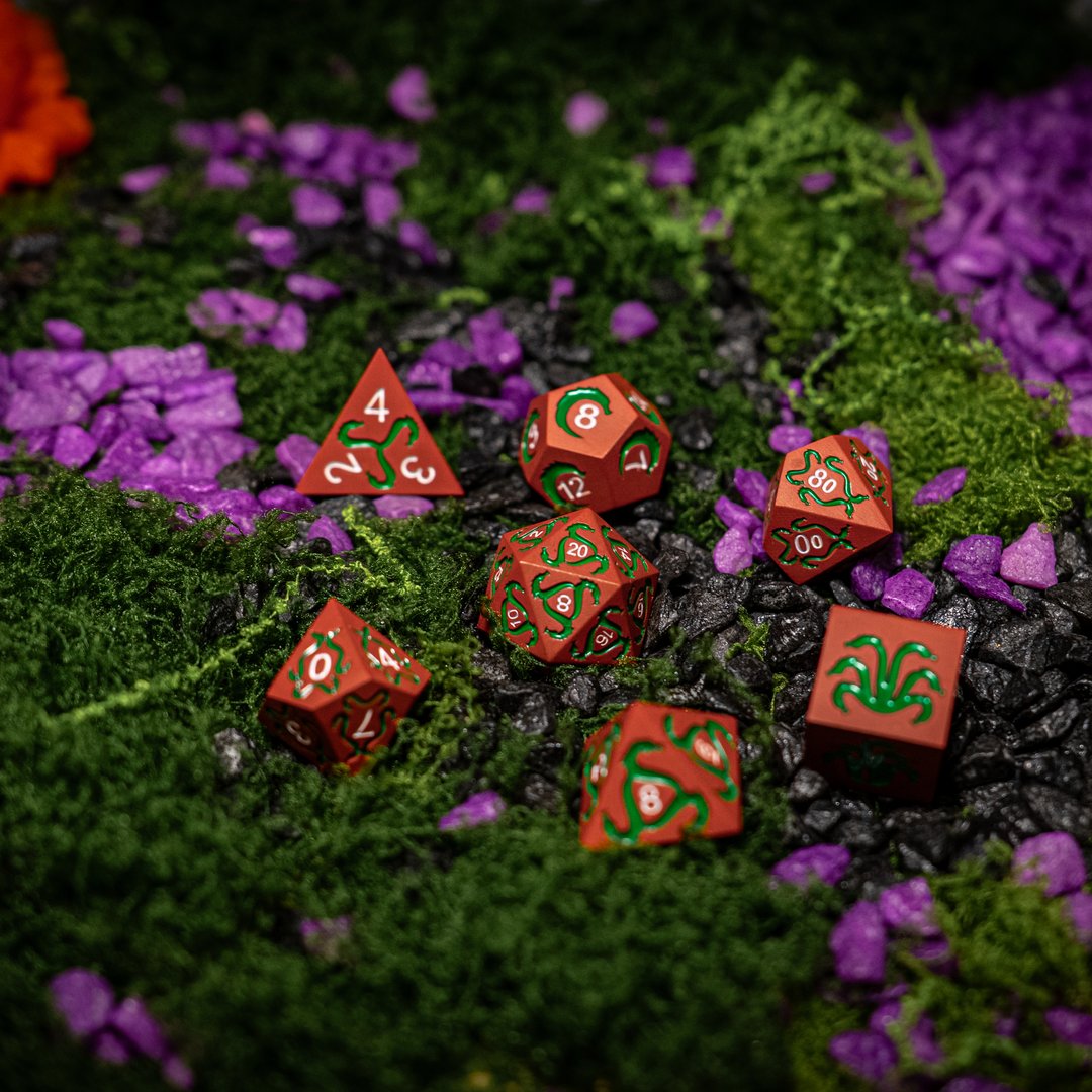 Metal dice set 04, orange-red, with green inlay, photo 8
