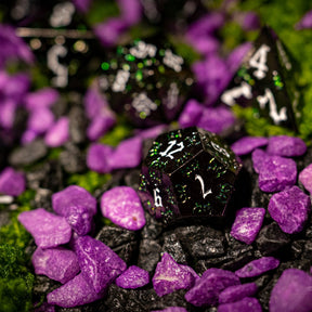 Metal dice set 06, black, with green glitter swirls, photo 5