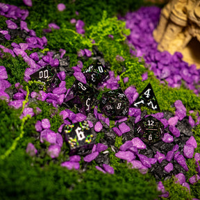 Metal dice set 06, black, with green glitter swirls, photo 10