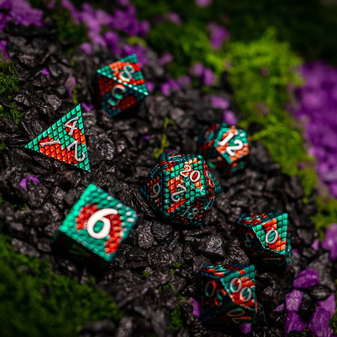 Metal dice set 08, teal and red dragon scale, photo 3