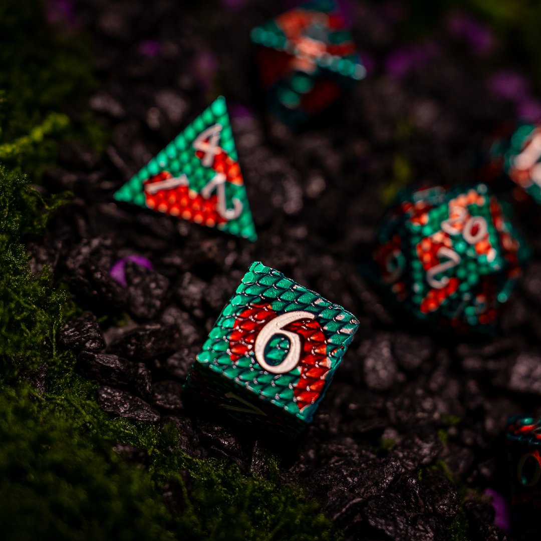 Metal dice set 08, teal and red dragon scale, photo 8