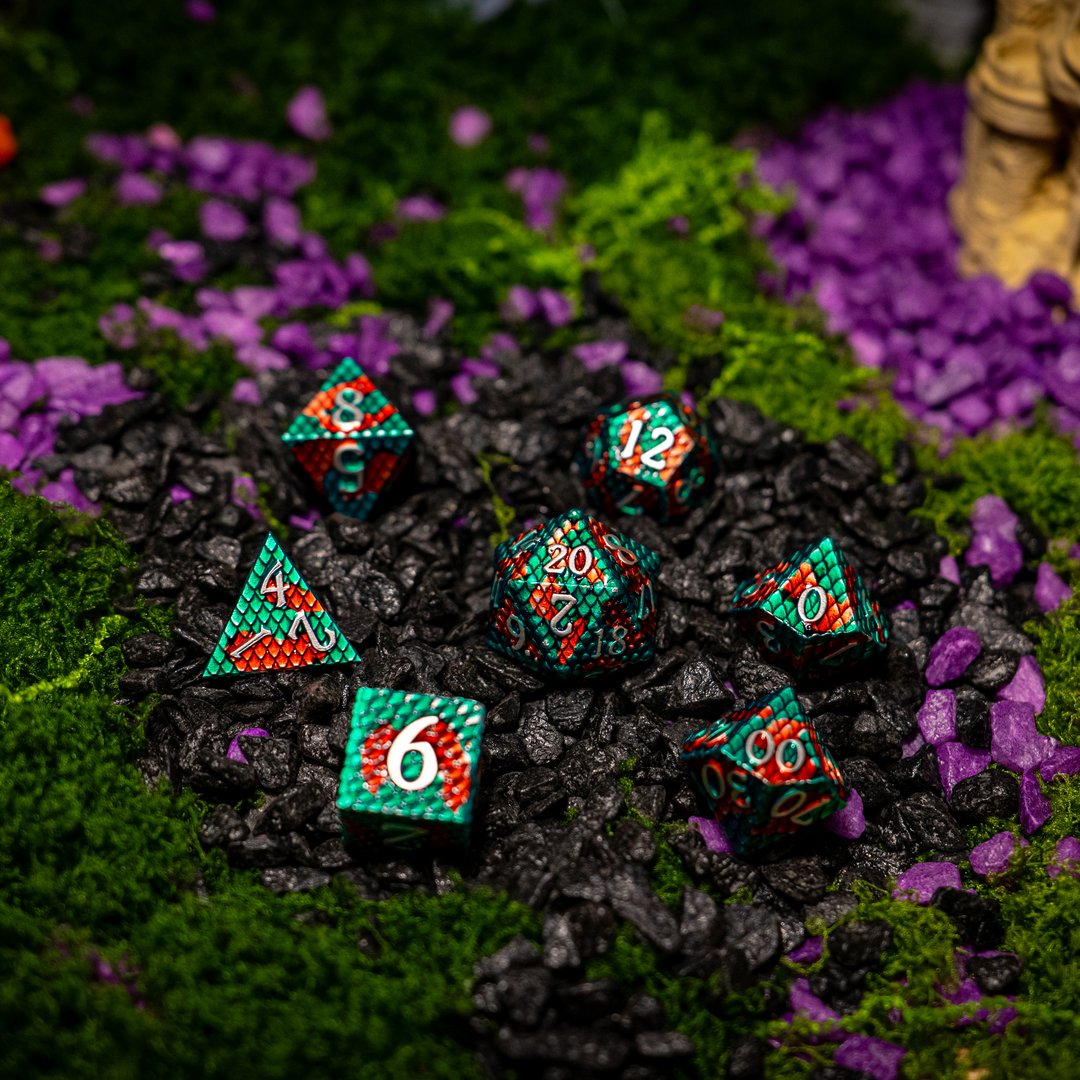 Metal dice set 08, teal and red dragon scale, photo 1