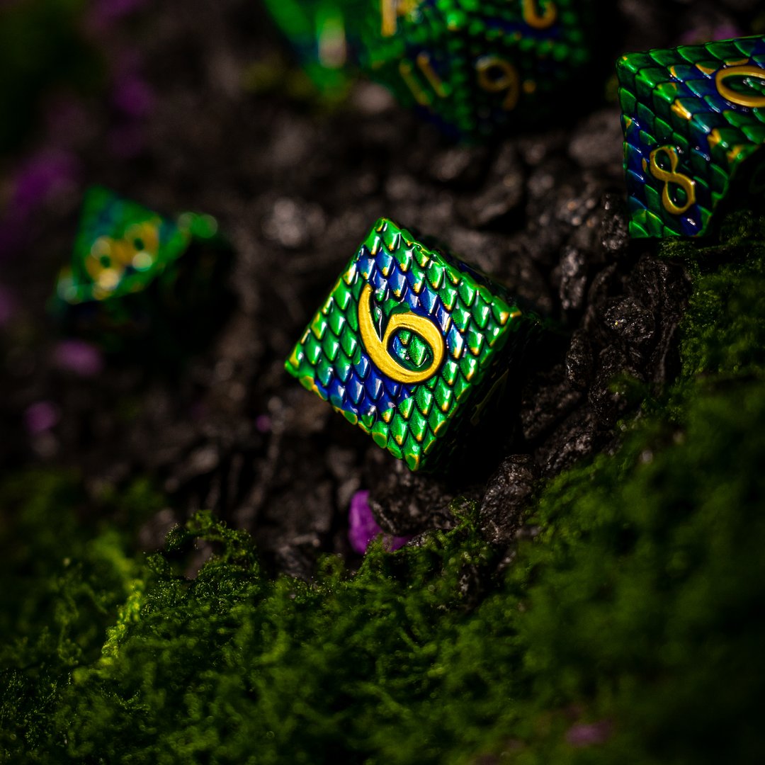 Metal dice set 09, green and blue dragon scale, gold numbers, photo 2