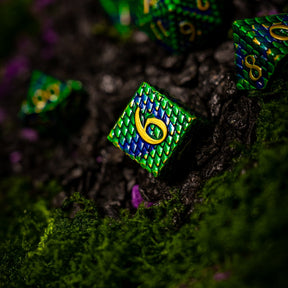 Metal dice set 09, green and blue dragon scale, gold numbers, photo 2