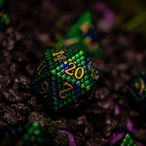 Metal dice set 09, green and blue dragon scale, gold numbers, photo 4