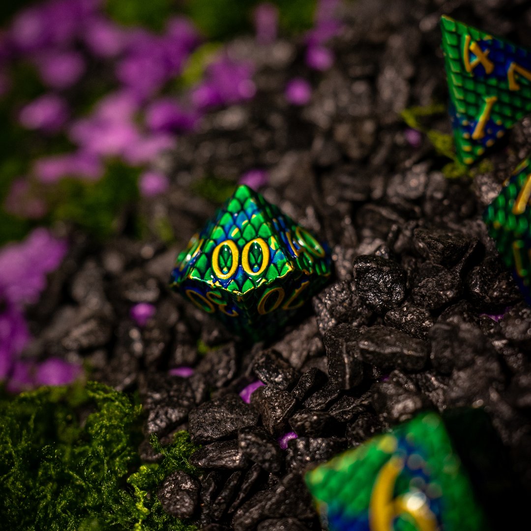 Metal dice set 09, green and blue dragon scale, gold numbers, photo 7