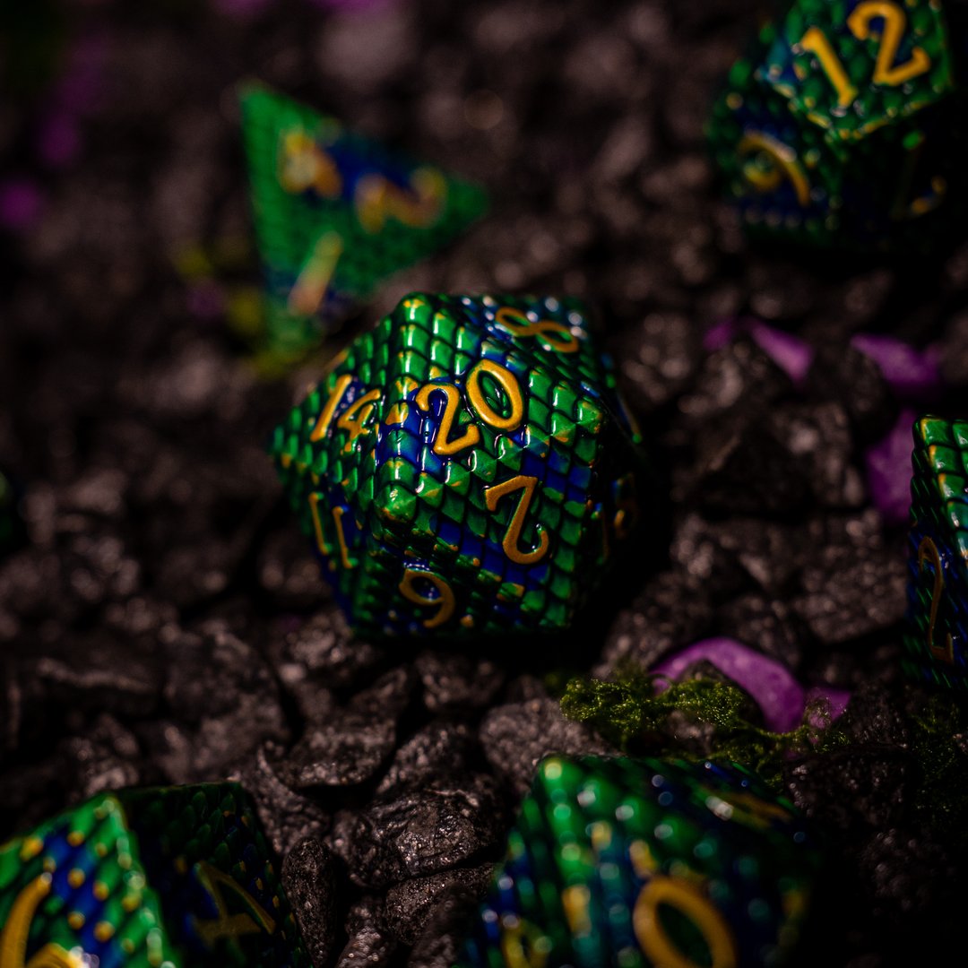 Metal dice set 09, green and blue dragon scale, gold numbers, photo 8