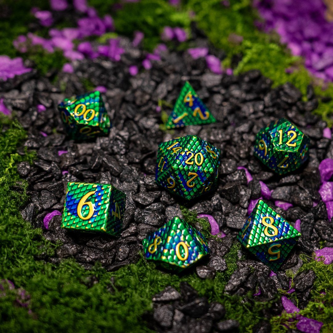 Metal dice set 09, green and blue dragon scale, gold numbers, photo 10