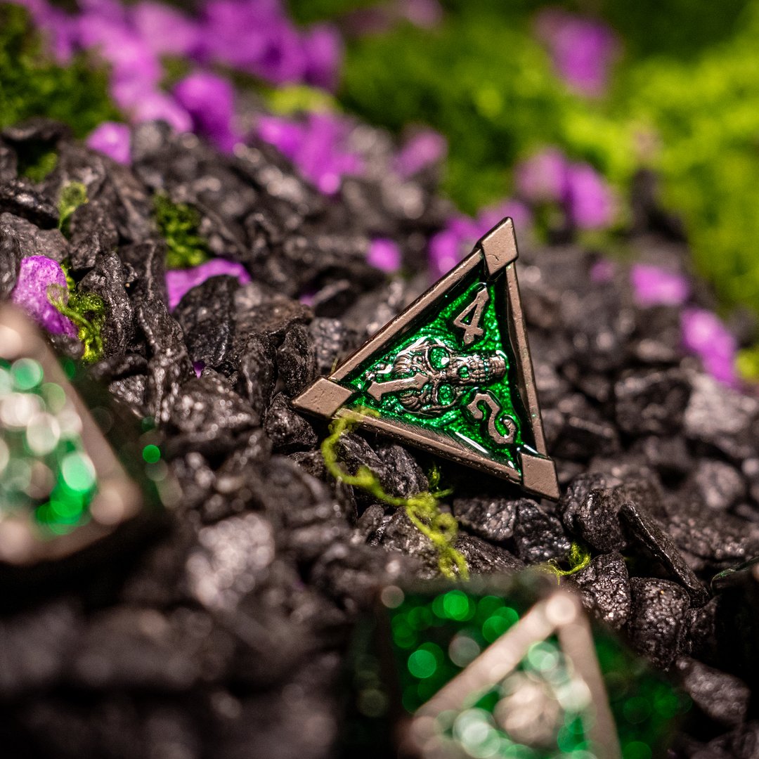 Metal dice set 10, silver frame, green glitter enamel, photo 9