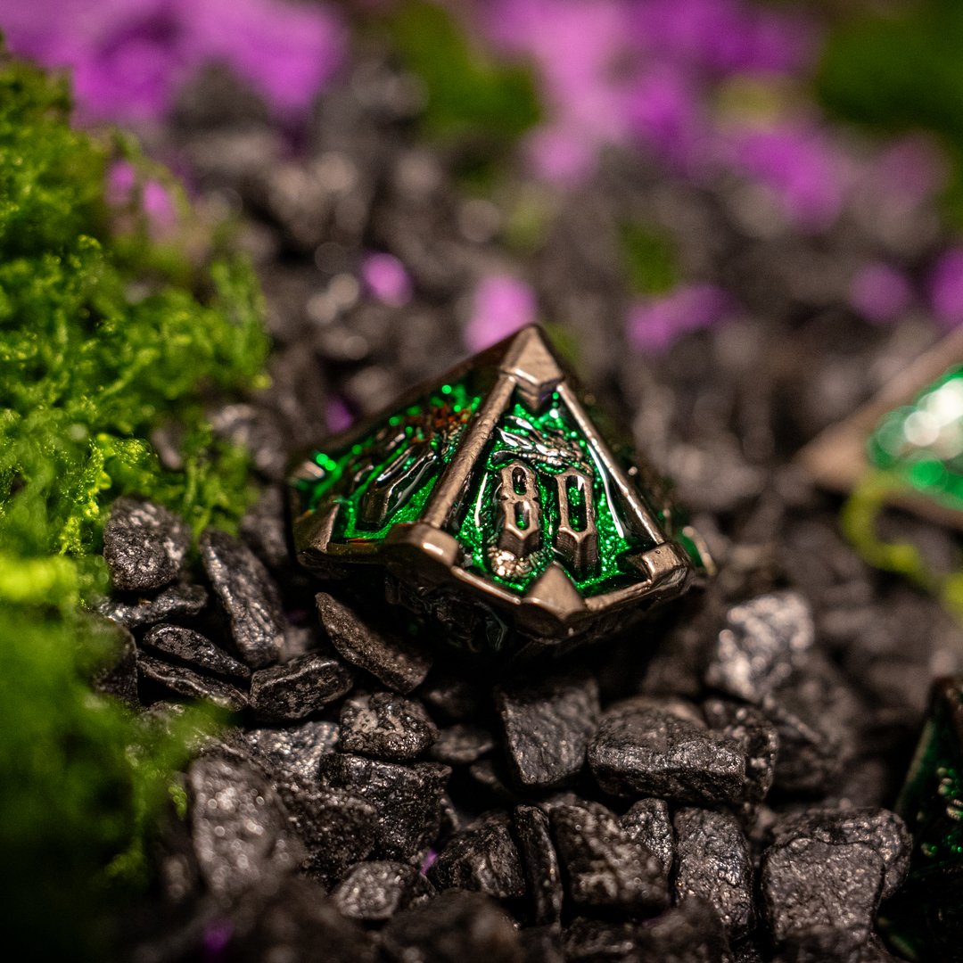 Metal dice set 10, silver frame, green glitter enamel, photo 10