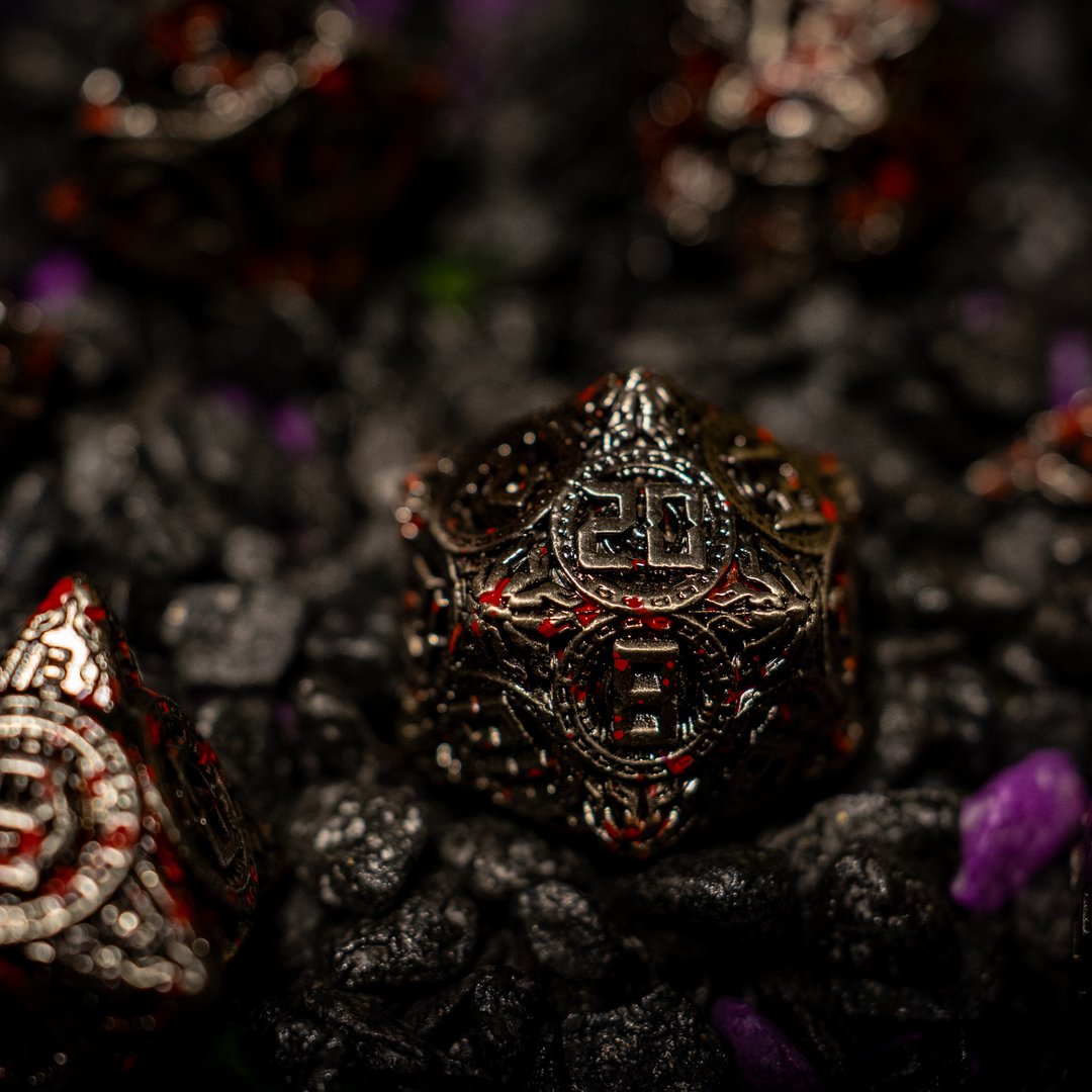 Metal dice set 11, dark silver and red, with an ornate hollow cut, photo 2