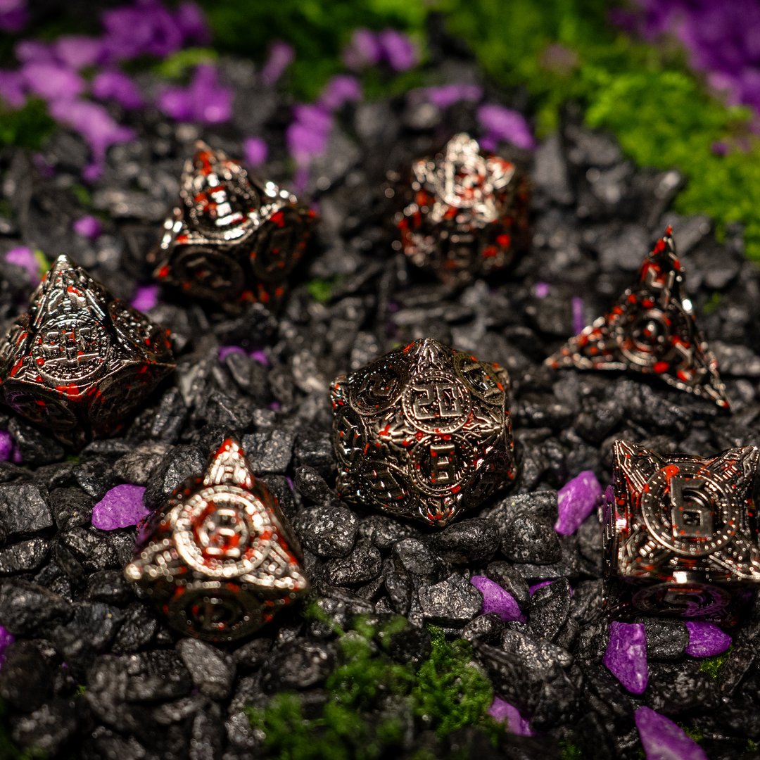 Metal dice set 11, dark silver and red, with an ornate hollow cut, photo 3