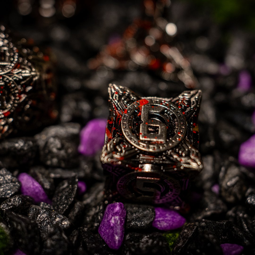 Metal dice set 11, dark silver and red, with an ornate hollow cut, photo 4