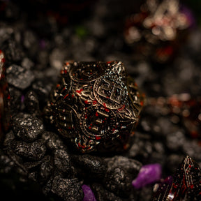 Metal dice set 11, dark silver and red, with an ornate hollow cut, photo 7