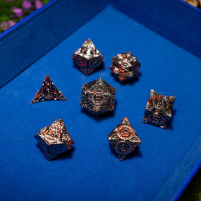 Metal dice set 11, dark silver and red, with an ornate hollow cut, photo 1