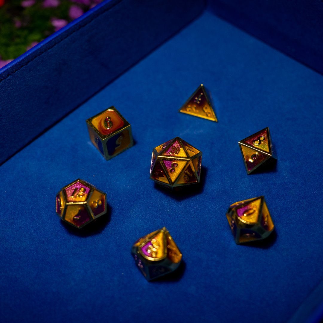 Metal dice set 12, gold frame, orange and pink enamel, photo 3