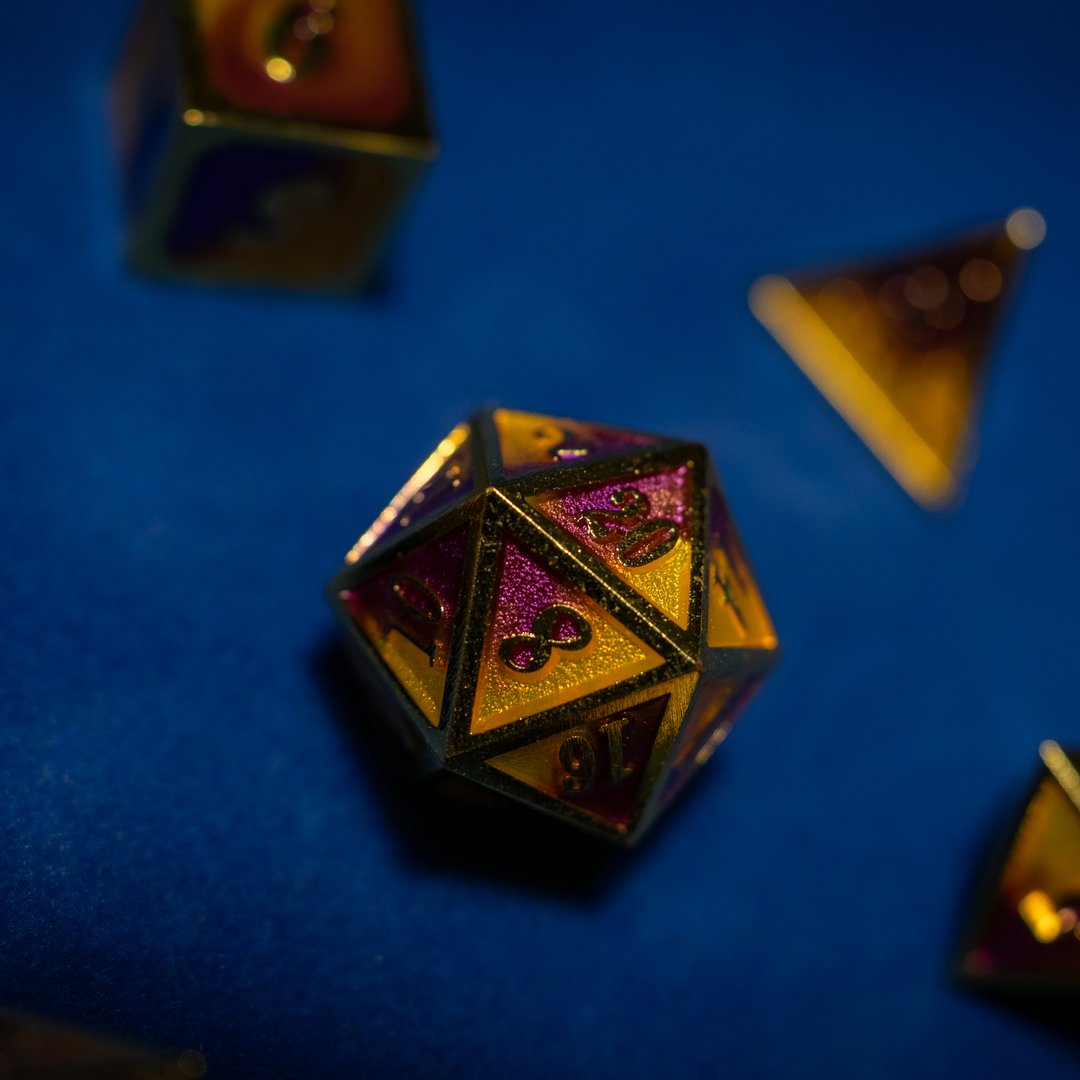 Metal dice set 12, gold frame, orange and pink enamel, photo 6