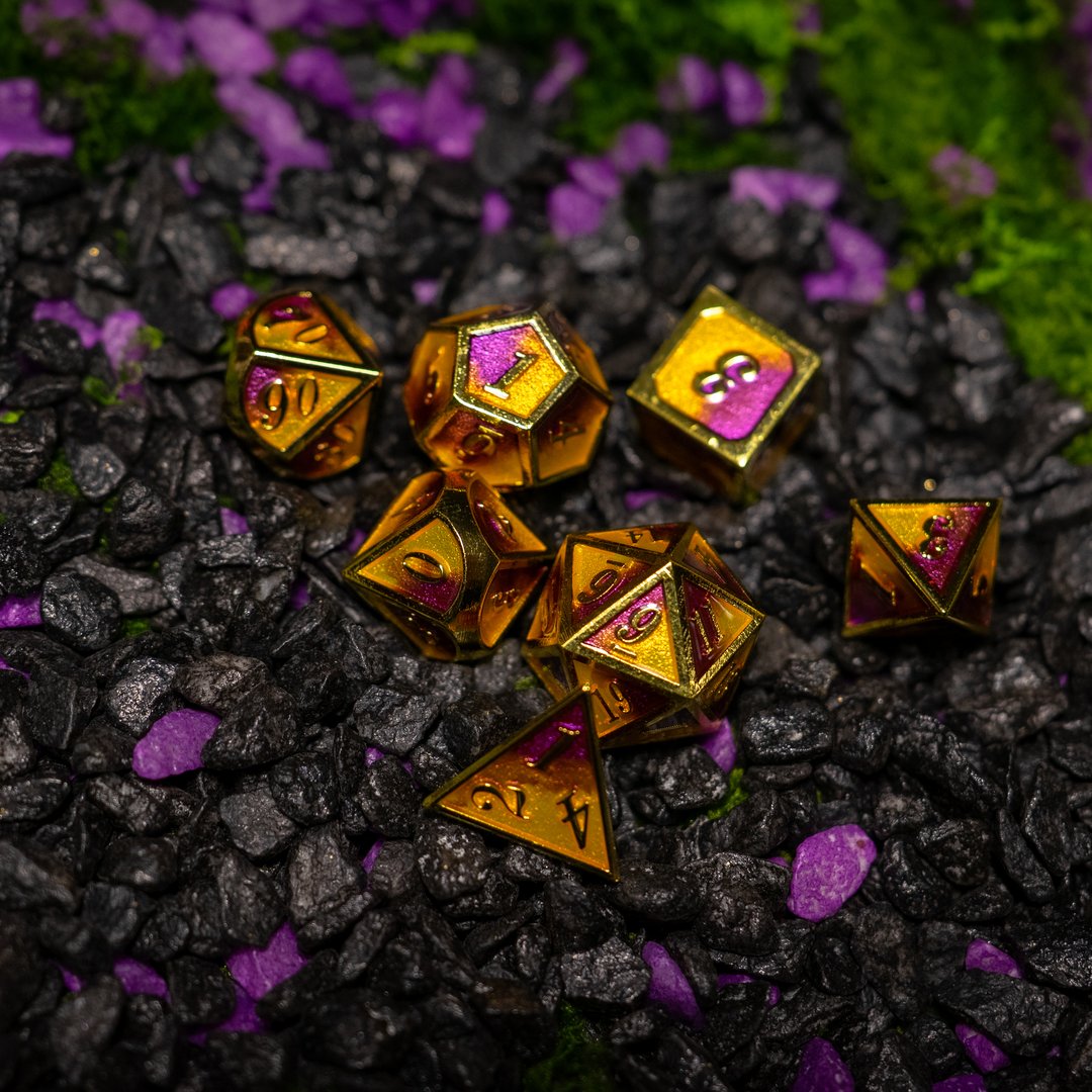 Metal dice set 12, gold frame, orange and pink enamel, photo 7