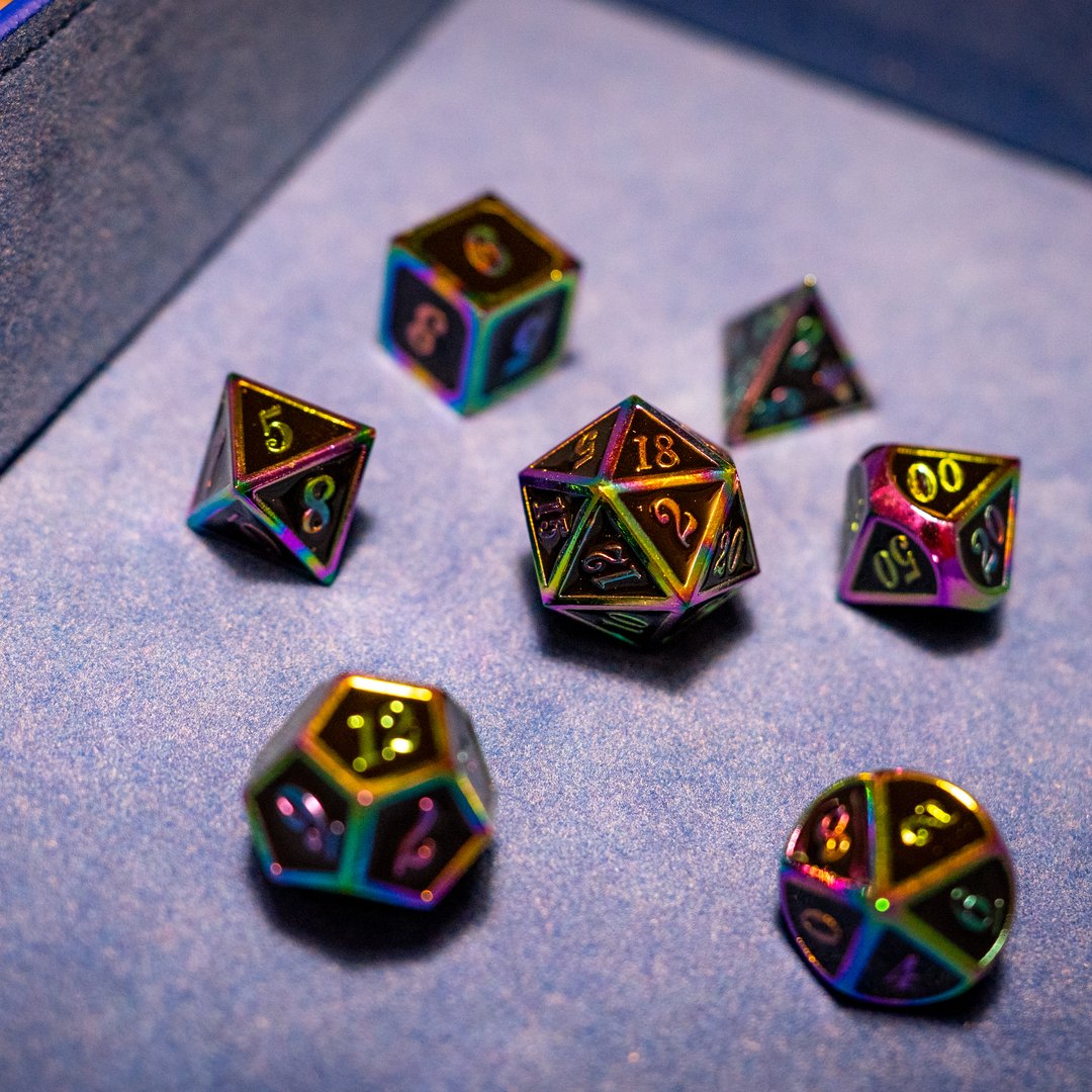 Metal dice set 14, black, with rainbow edges, photo 6