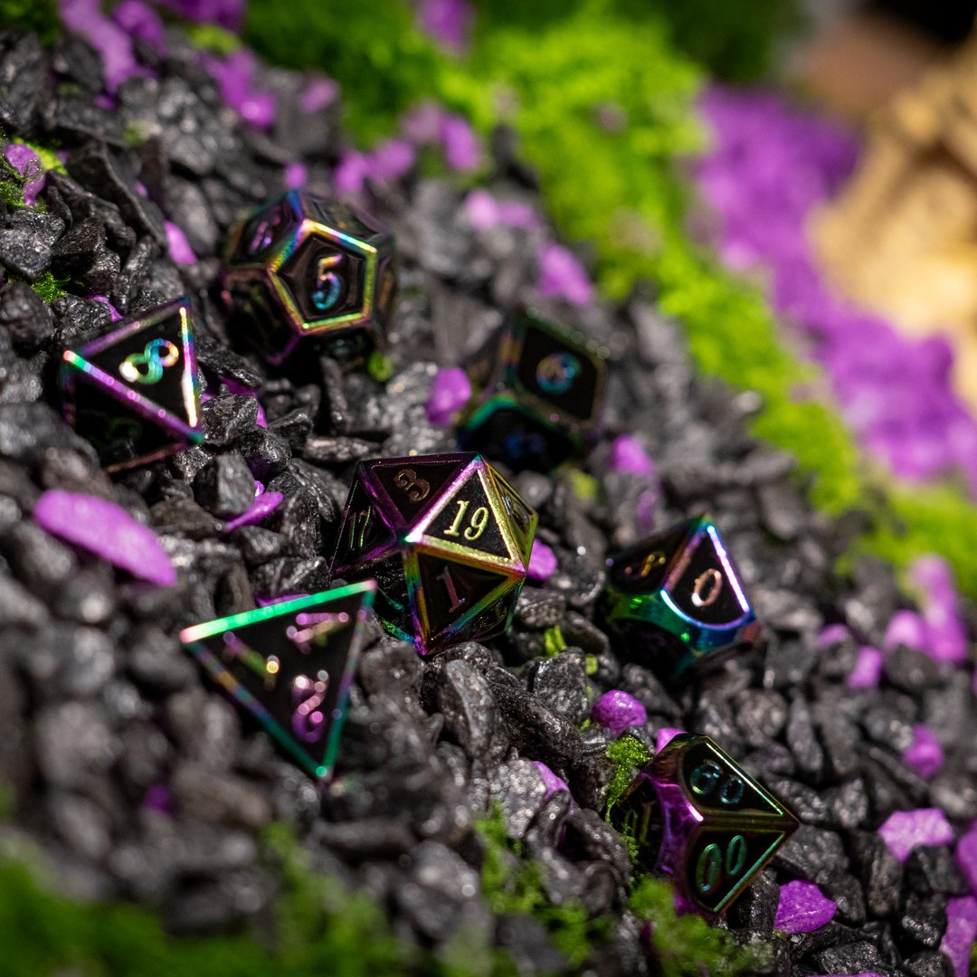 Metal dice set 14, black, with rainbow edges, photo 9
