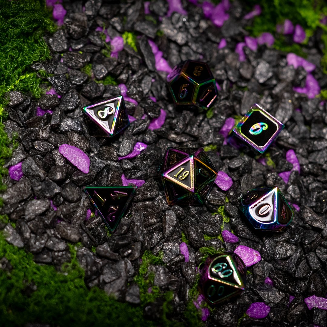 Metal dice set 14, black, with rainbow edges, photo 10