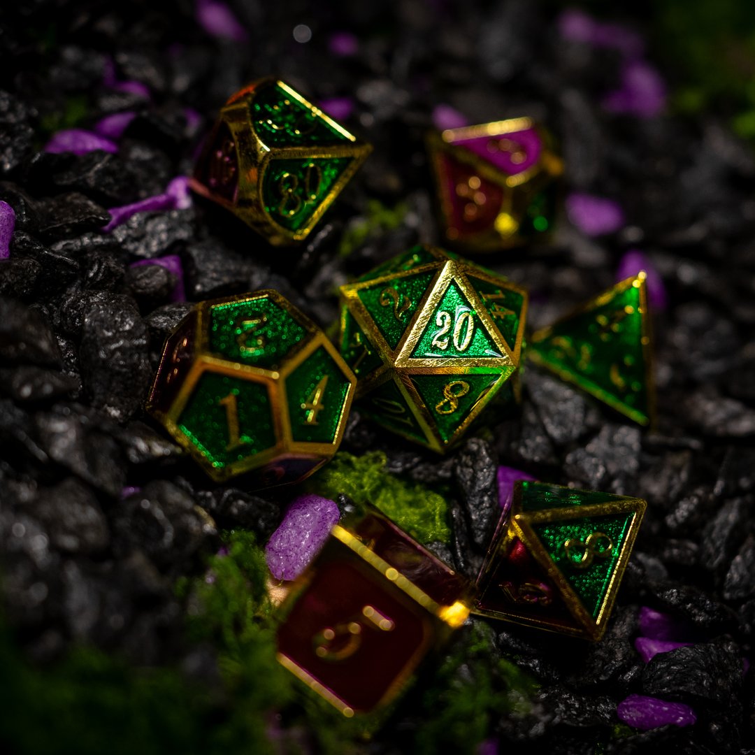 Metal dice set 15, gold frame, green and red enamel, photo 2