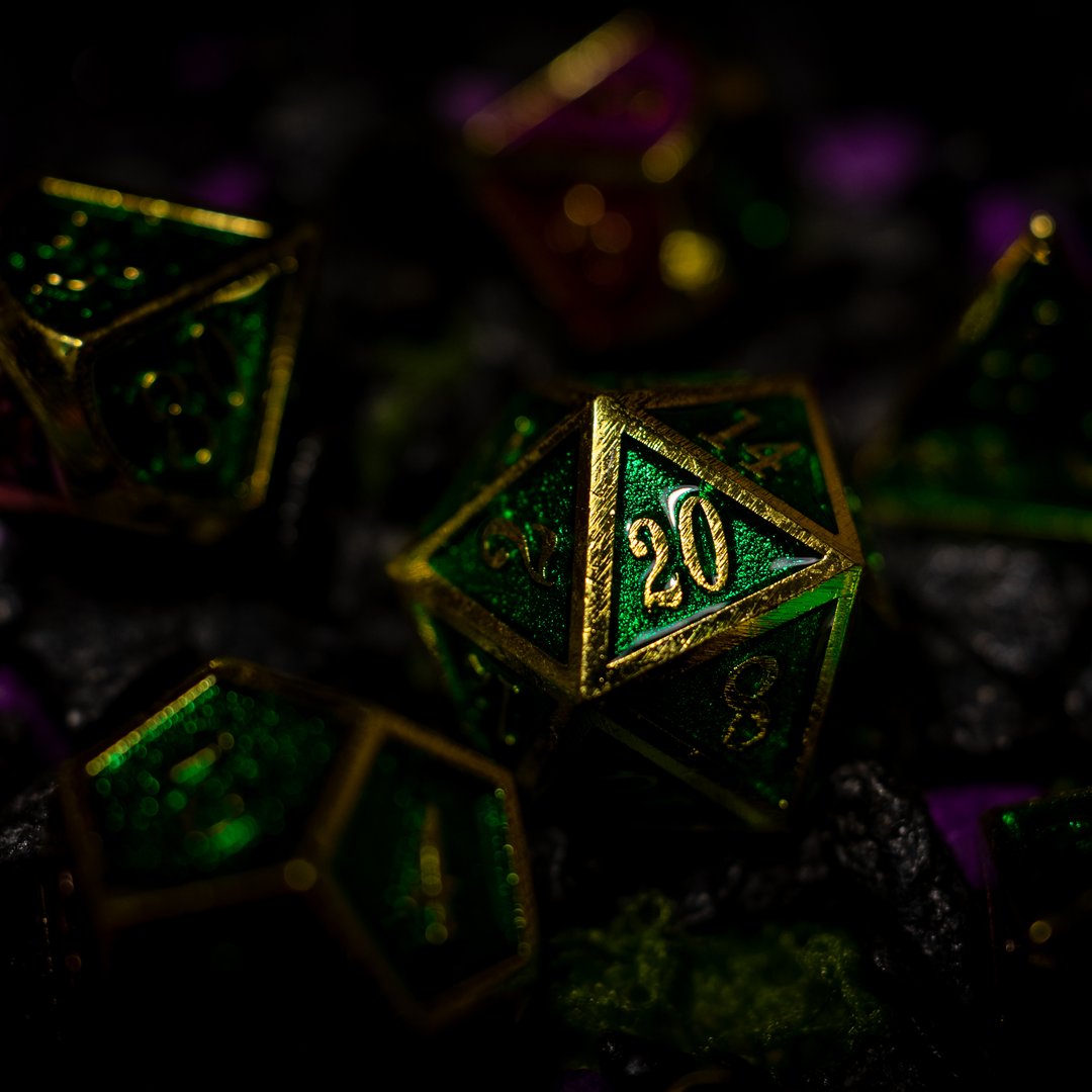 Metal dice set 15, gold frame, green and red enamel, photo 6