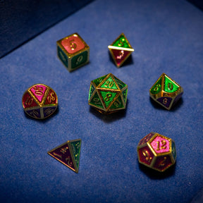 Metal dice set 15, gold frame, green and red enamel, photo 1