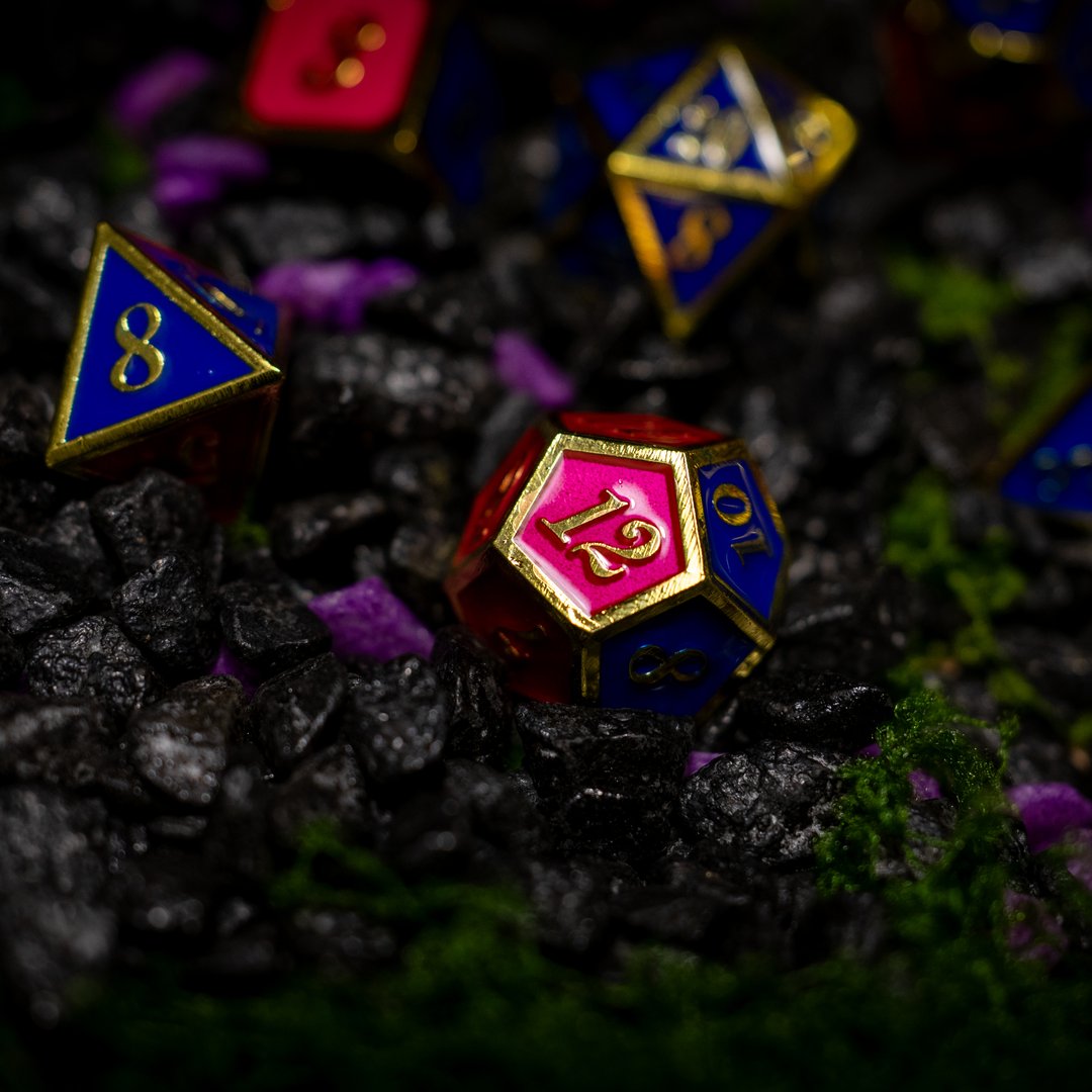 Metal dice set 16, gold frame, pink and blue enamel, photo 3