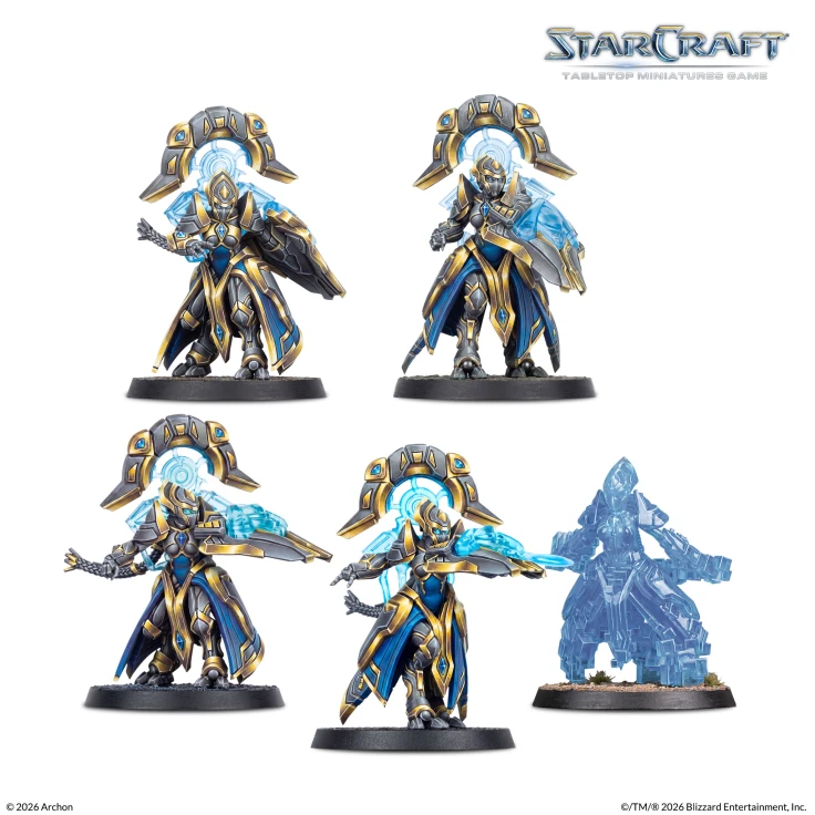 StarCraft Protoss Starter Set, four Adepts and an Adept Shade, painted